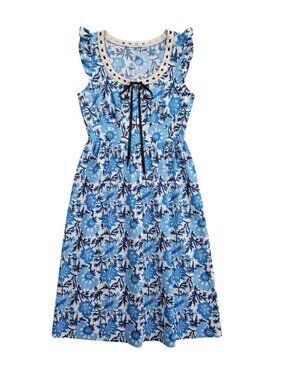 NWT | ZABERRY Blue & White Floral Lace Trim Flutter Sleeve Midi Dress | Large